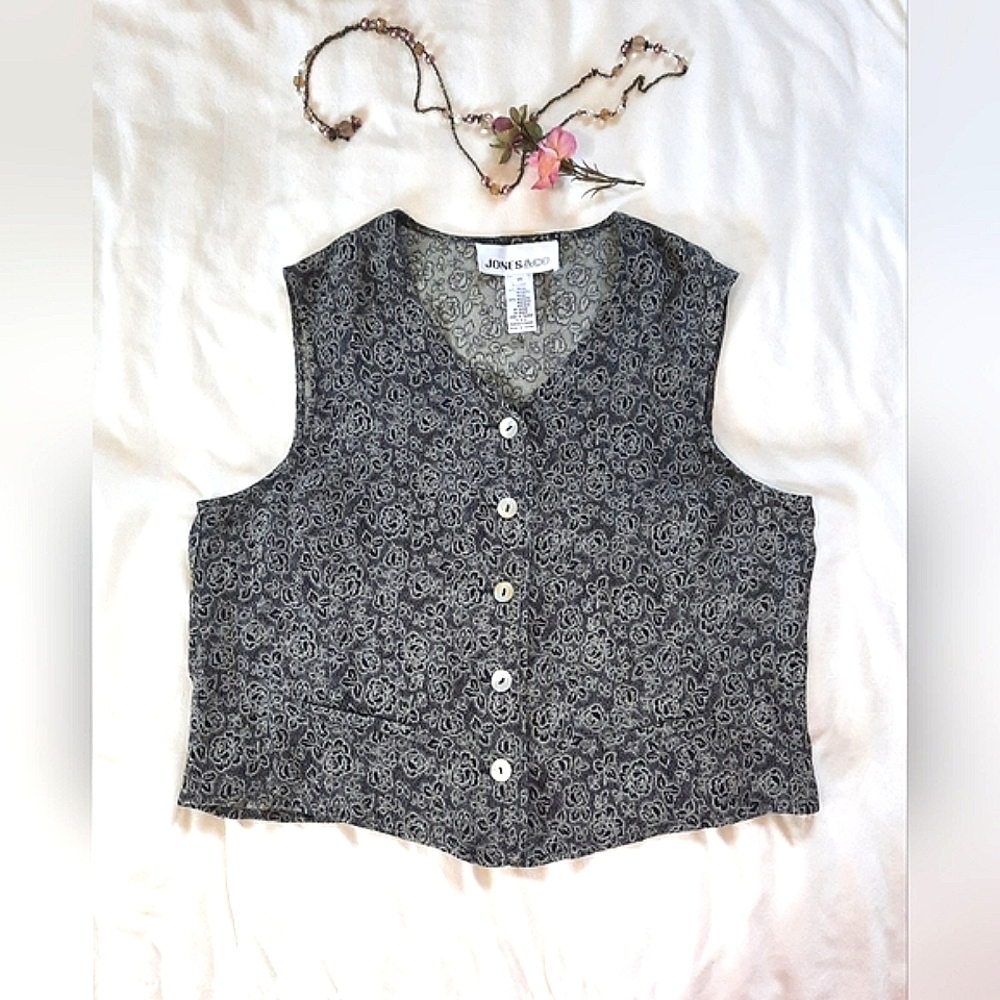 JNY Black Patterned Vest, Button-Up